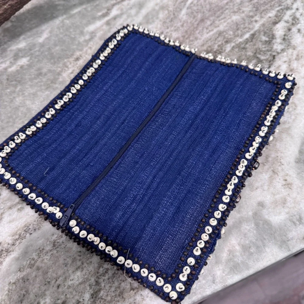 Moyna Beaded  Clutch Navy Blue Silk Cotton Tribal Boho Evening Bag Handcrafted